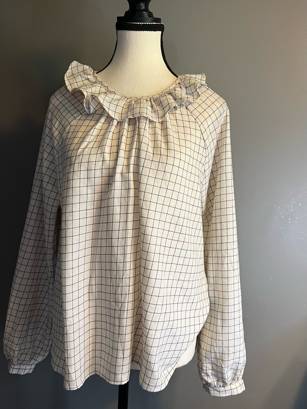 Sézane Ivory Cotton Grid Ruffle Neck Long-Sleeve Top With Back Tie. Size 6. NWOT